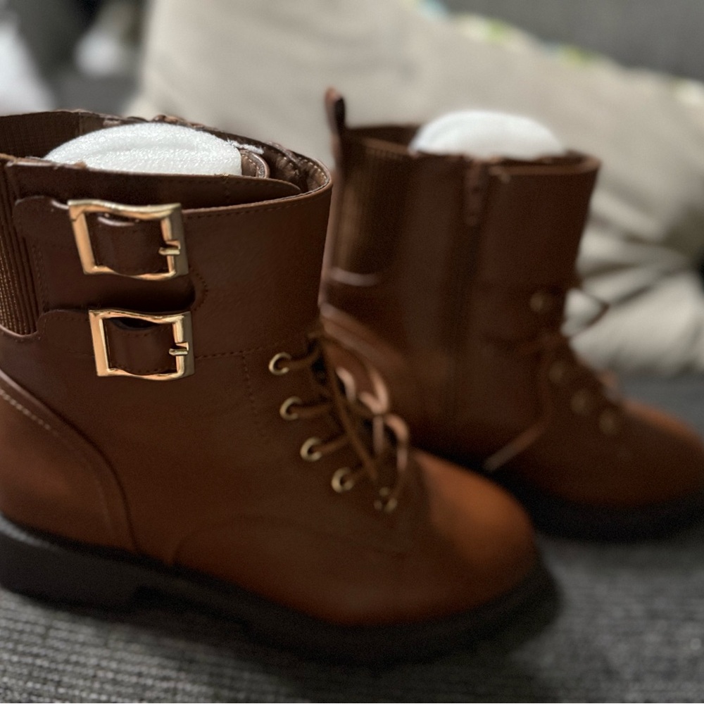 Shoe Dazzle Brown Ankle Boots with Gold Buckles